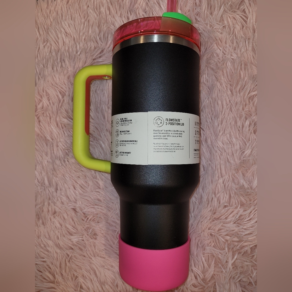 Black and Pink Insulated Bottle with Green Handle